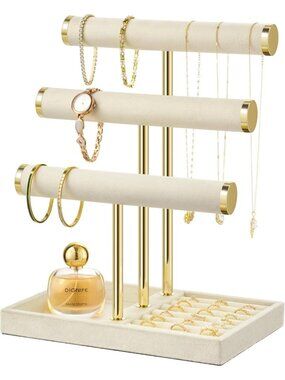 Elegant 3-Tier Velvet Jewelry Organizer Stand - Beige Bracelet Display Holder